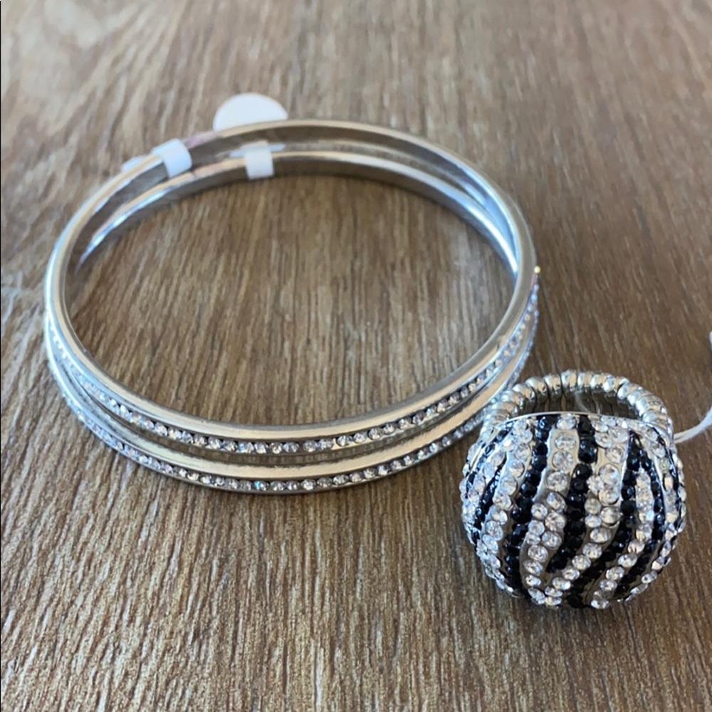 Crystal zebra ring & crystal bangle bracelets, NEW